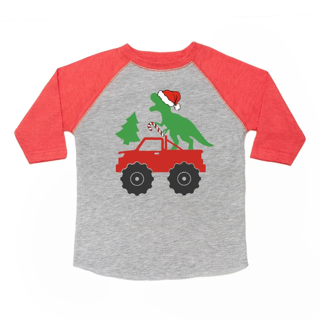 Sweet Wink Santa Dino Monster Truck Christmas 3/4 Tee - Heather / Red