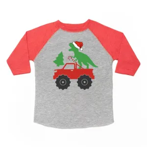 Sweet Wink Santa Dino Monster Truck Christmas 3/4 Tee - Heather / Red