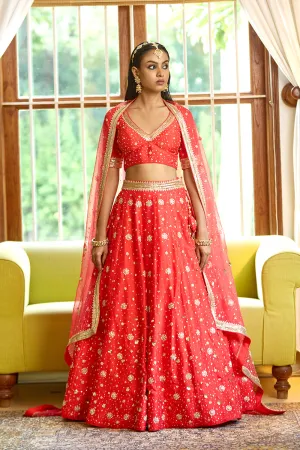 Tangy Red Pure Silk Nakshi & Zardosi Hand Embroidered Lehenga Set