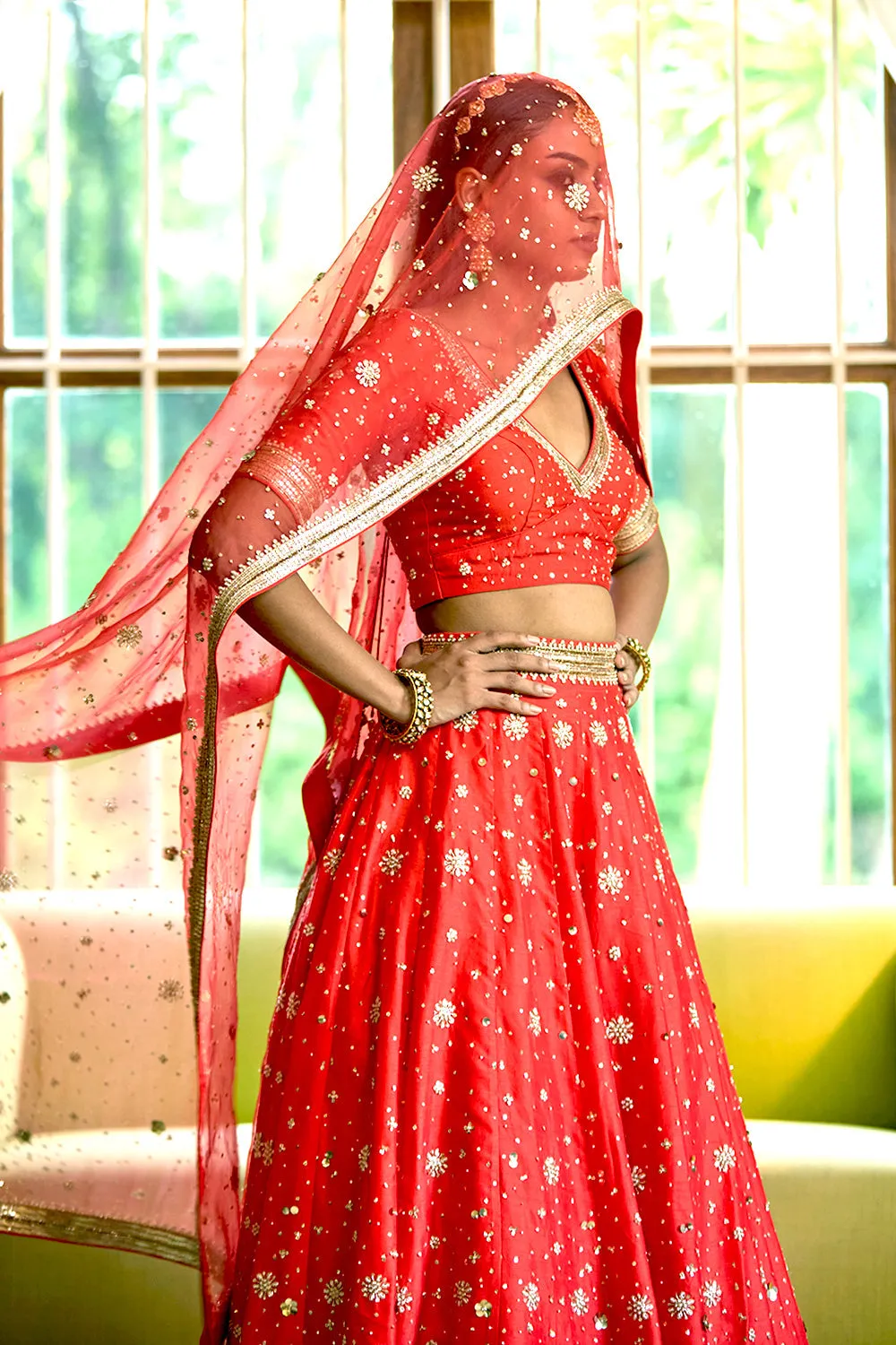 Tangy Red Pure Silk Nakshi & Zardosi Hand Embroidered Lehenga Set