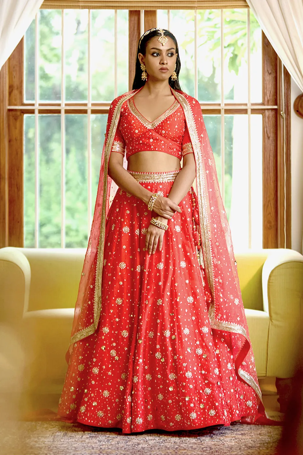 Tangy Red Pure Silk Nakshi & Zardosi Hand Embroidered Lehenga Set