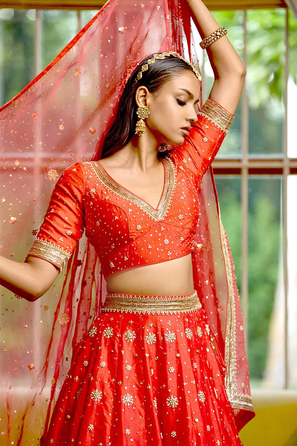 Tangy Red Pure Silk Nakshi & Zardosi Hand Embroidered Lehenga Set