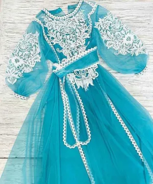 Turquoise tulle embroidered dress