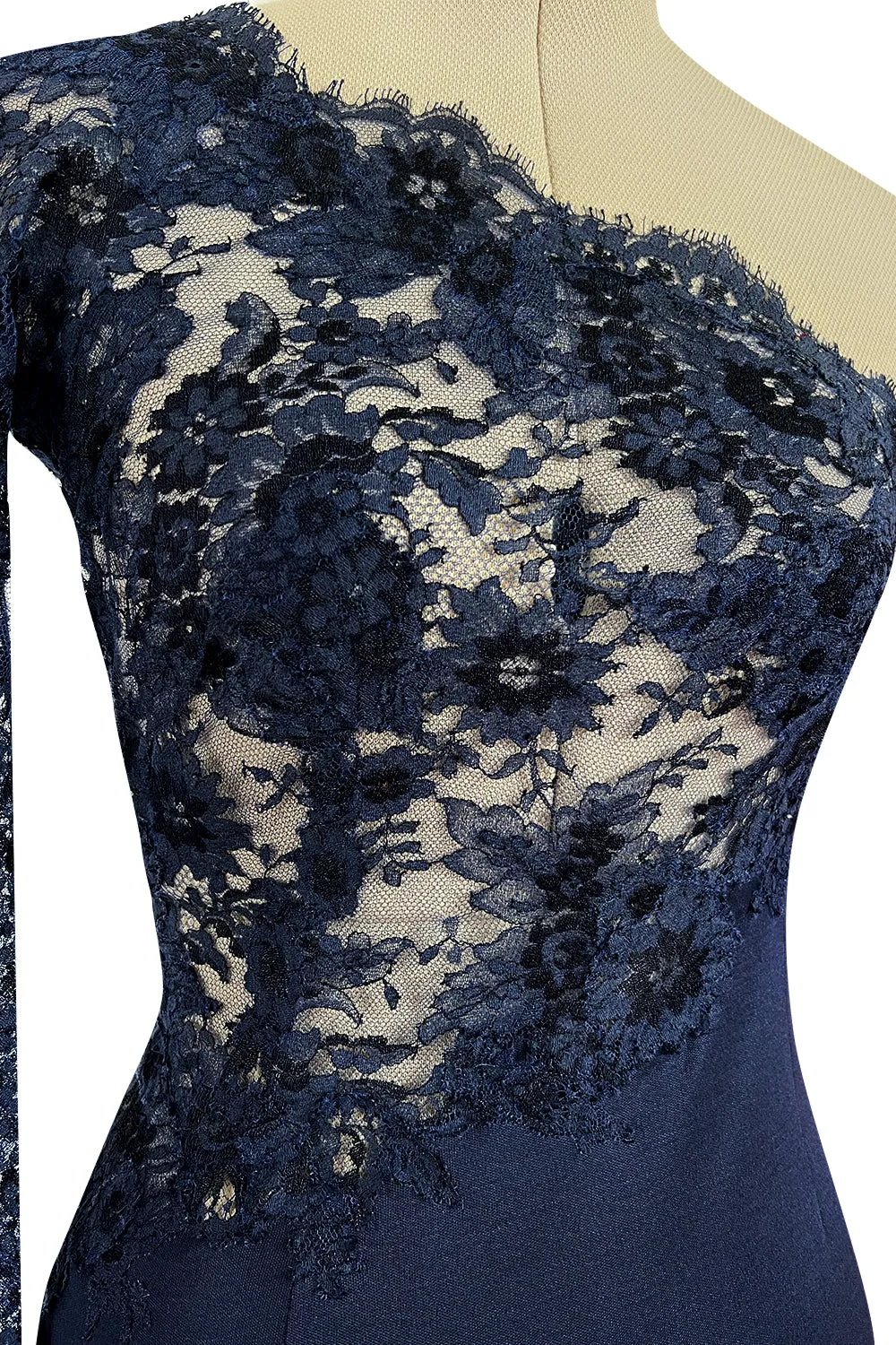 Weightless Early 2000s John Anthony Couture Transparent Blue Lace Bodice One Sleeve Silk Jersey Dress