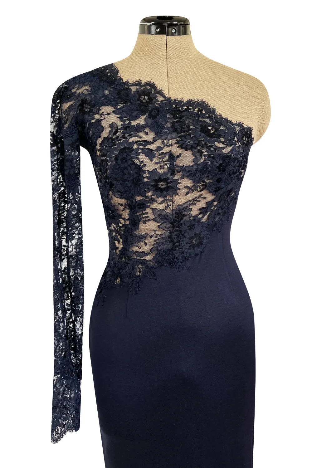 Weightless Early 2000s John Anthony Couture Transparent Blue Lace Bodice One Sleeve Silk Jersey Dress