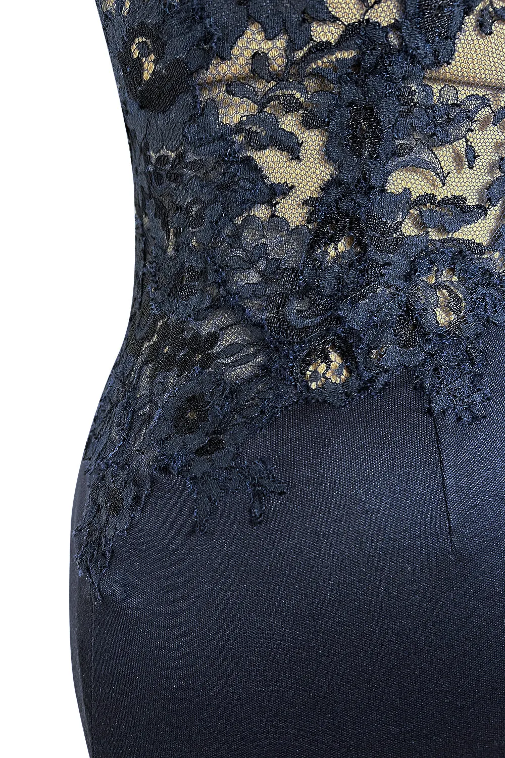 Weightless Early 2000s John Anthony Couture Transparent Blue Lace Bodice One Sleeve Silk Jersey Dress