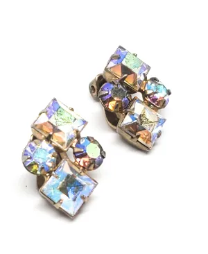 Weiss princess cut aurora borealis vintage rhinestone clip on earrings