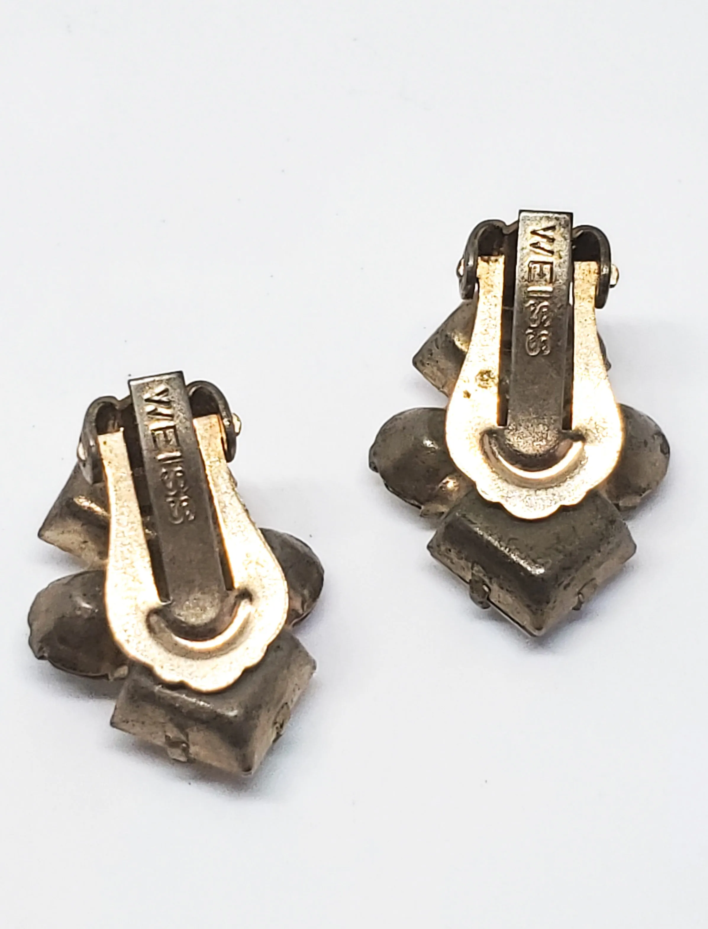 Weiss princess cut aurora borealis vintage rhinestone clip on earrings
