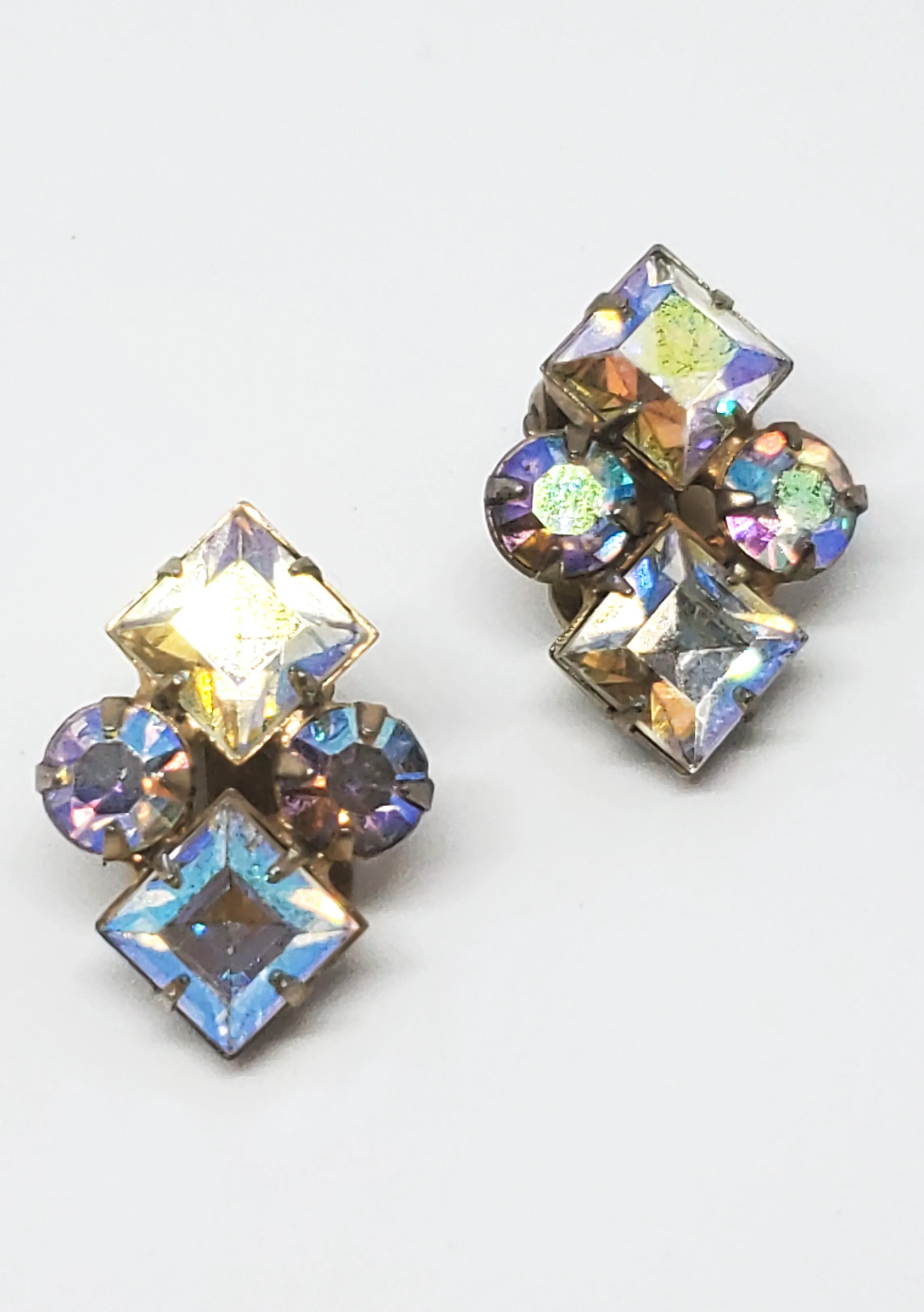 Weiss princess cut aurora borealis vintage rhinestone clip on earrings