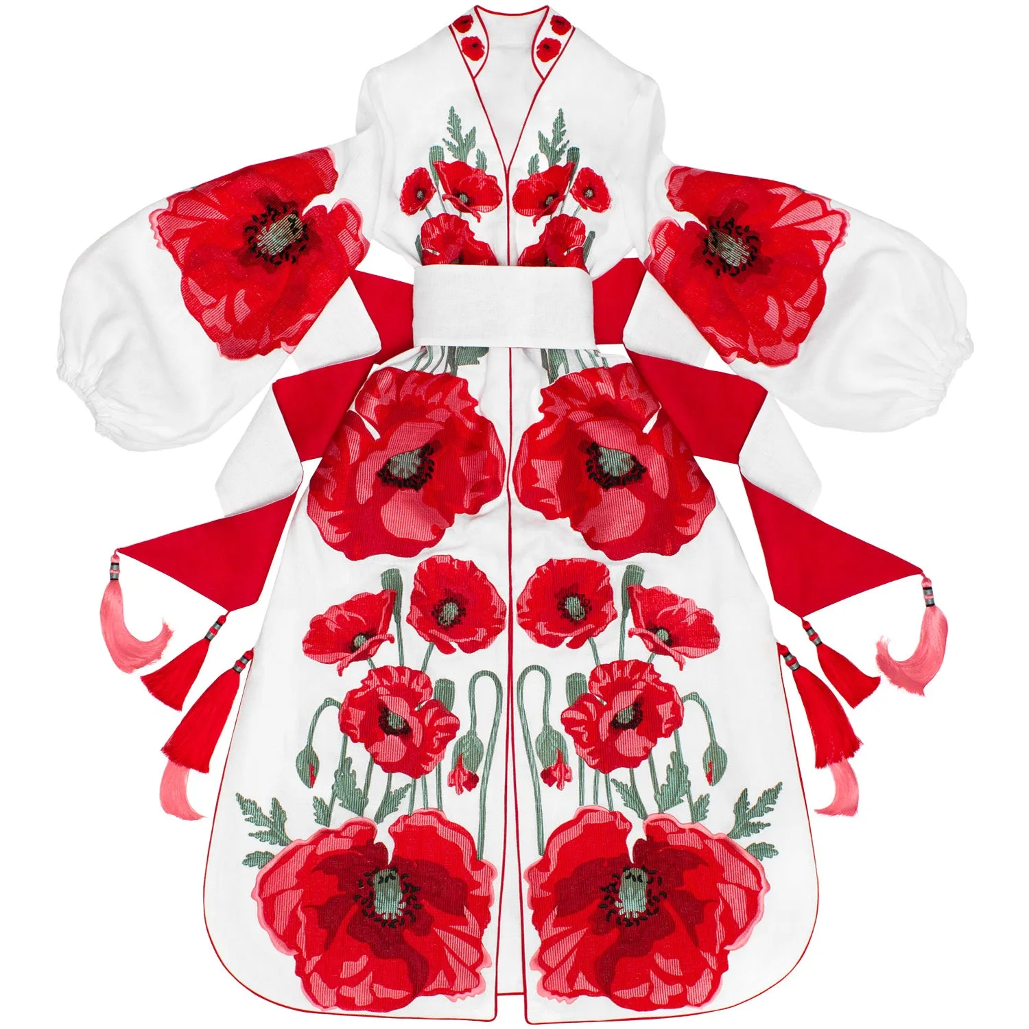 White Kaftan with embroidered poppies