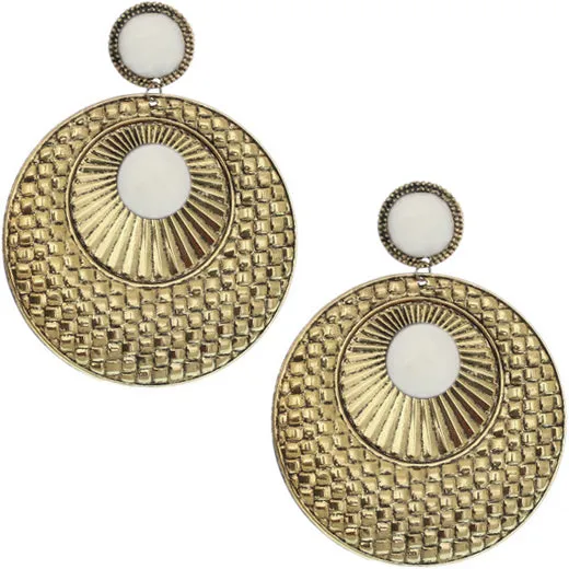 White Large Beaded Thin Disc Earrings