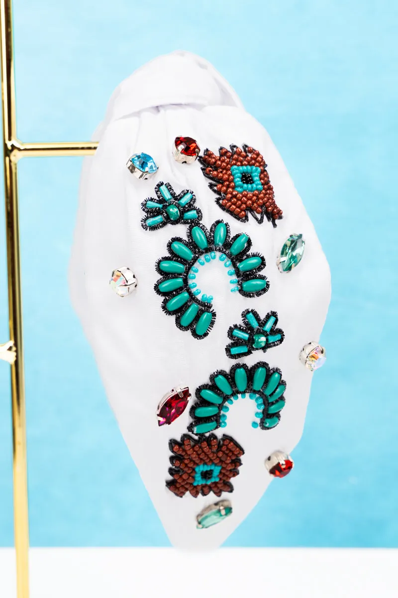 White with Turquoise Squash Blossom Knotted Headband
