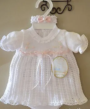 Will'beth White Pink Knit Girls Dress 3pc Set Preemie Newborn Headband & Bloomers
