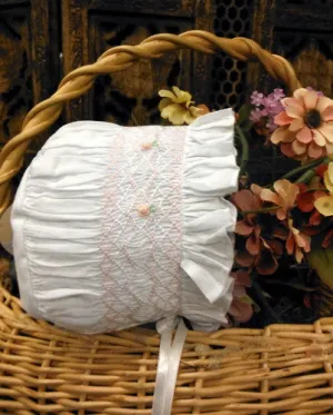 Will'Beth White Pink Rose Smocked Baby Bonnet Newborn Girls
