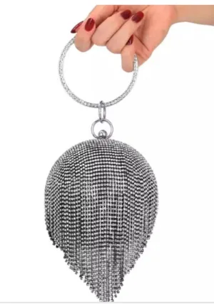 Women Round Ball Dazzling Rhinestone Tassel Handle Purse