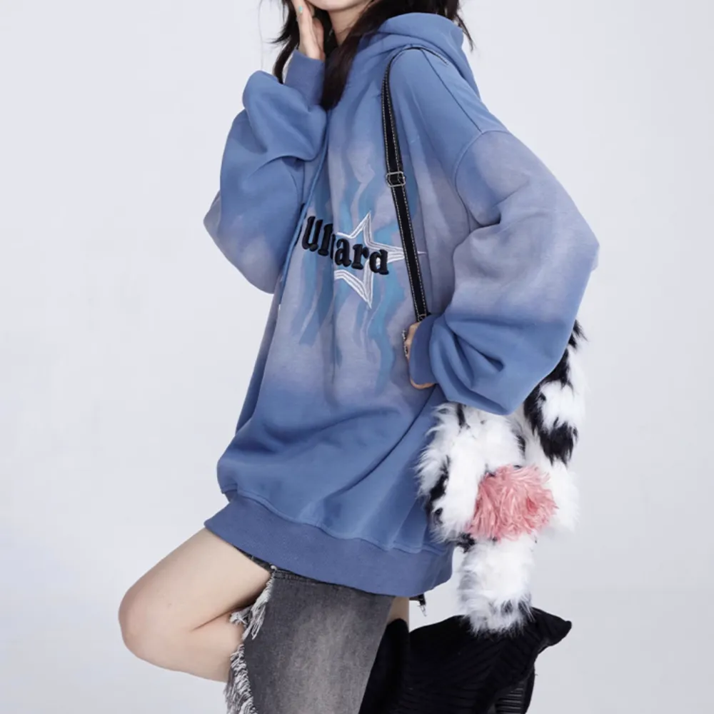 Women's Retro Gradient Blue Star Embroidered Hoodie