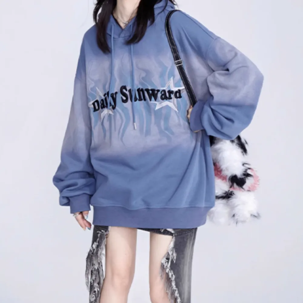 Women's Retro Gradient Blue Star Embroidered Hoodie