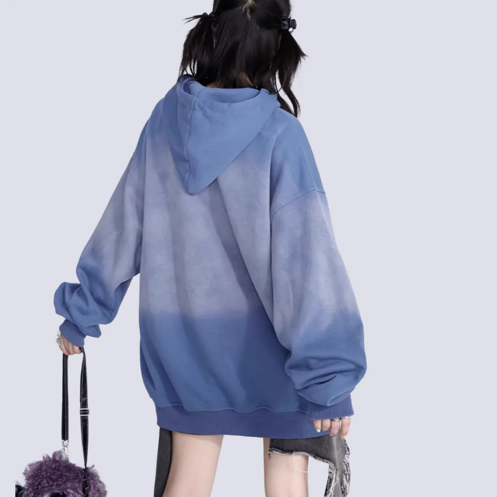 Women's Retro Gradient Blue Star Embroidered Hoodie