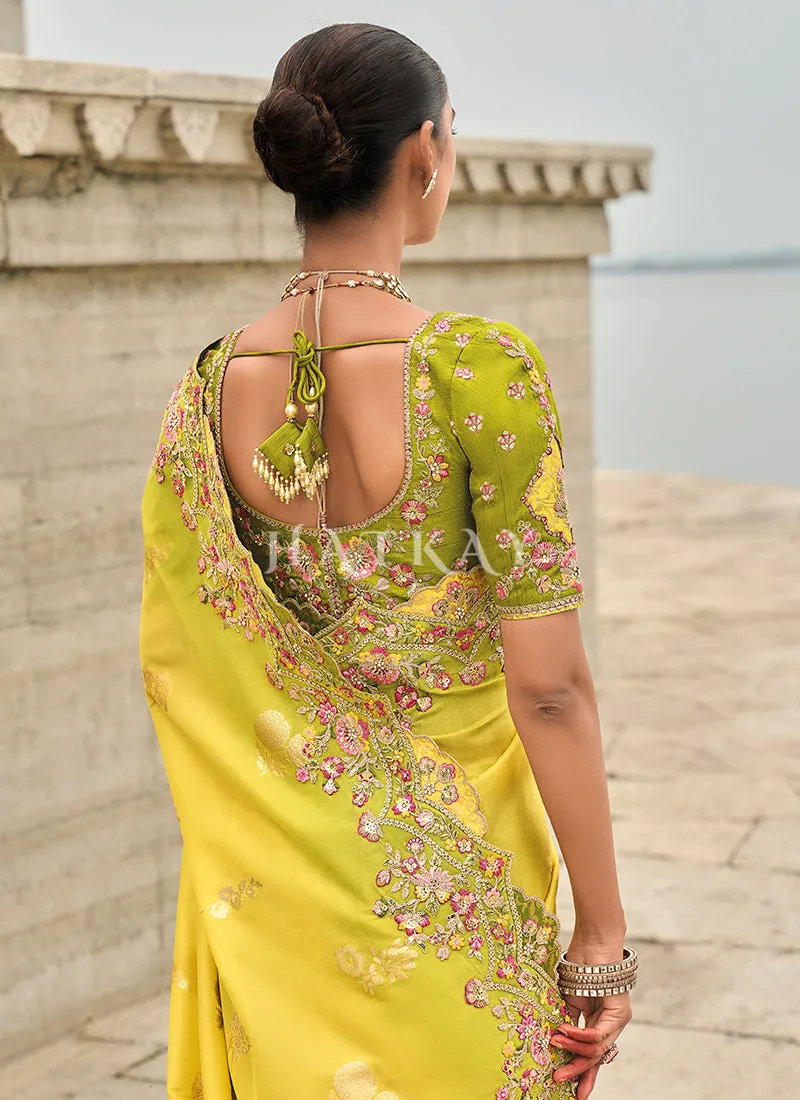 Yellow And Green Multi Embroidery Saree