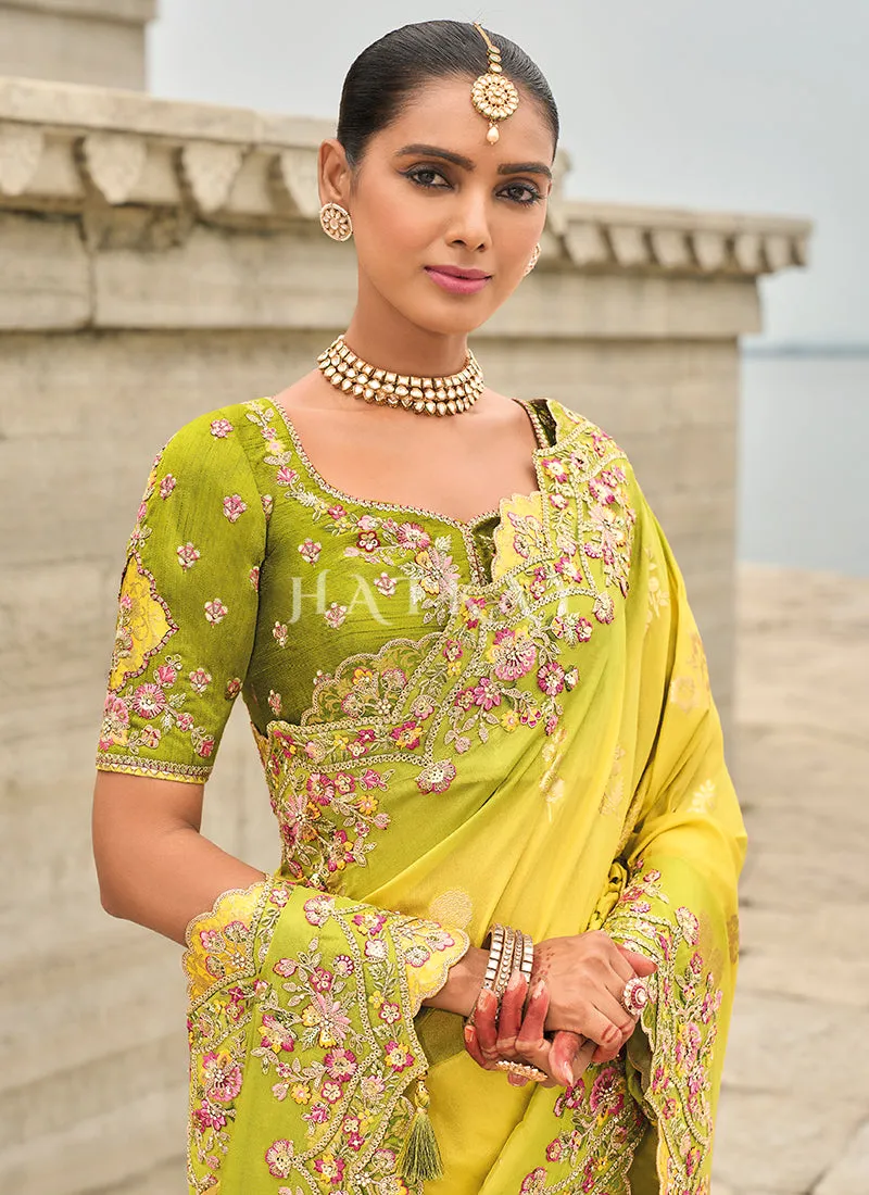 Yellow And Green Multi Embroidery Saree
