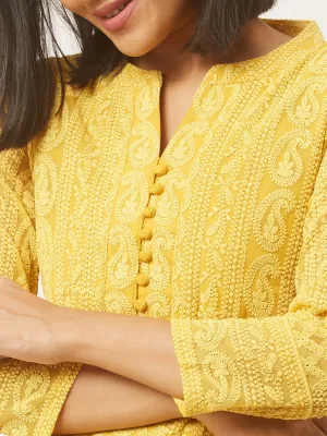 Yellow Chikankari Kurta - Paisley Embroidered Georgette Lucknowi Kurta For Women