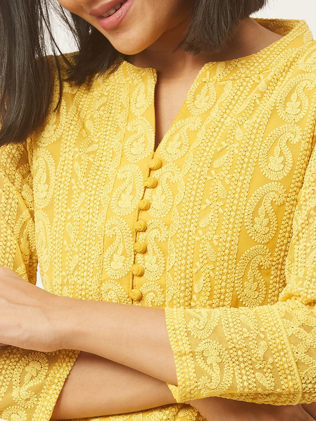 Yellow Chikankari Kurta - Paisley Embroidered Georgette Lucknowi Kurta For Women