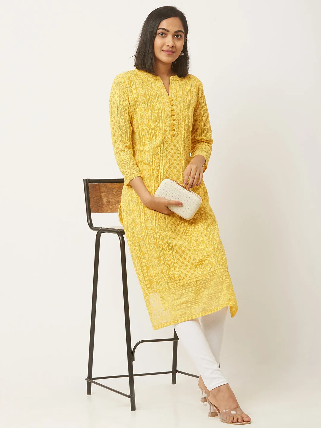 Yellow Chikankari Kurta - Paisley Embroidered Georgette Lucknowi Kurta For Women