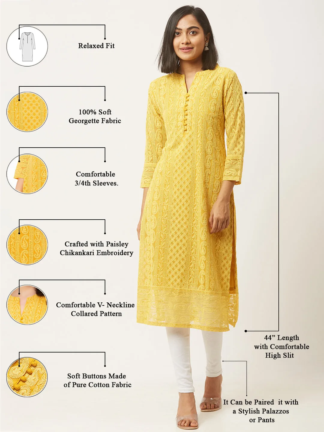 Yellow Chikankari Kurta - Paisley Embroidered Georgette Lucknowi Kurta For Women