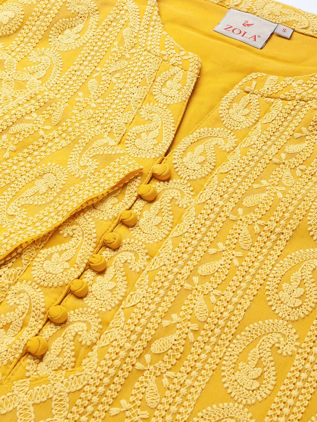 Yellow Chikankari Kurta - Paisley Embroidered Georgette Lucknowi Kurta For Women