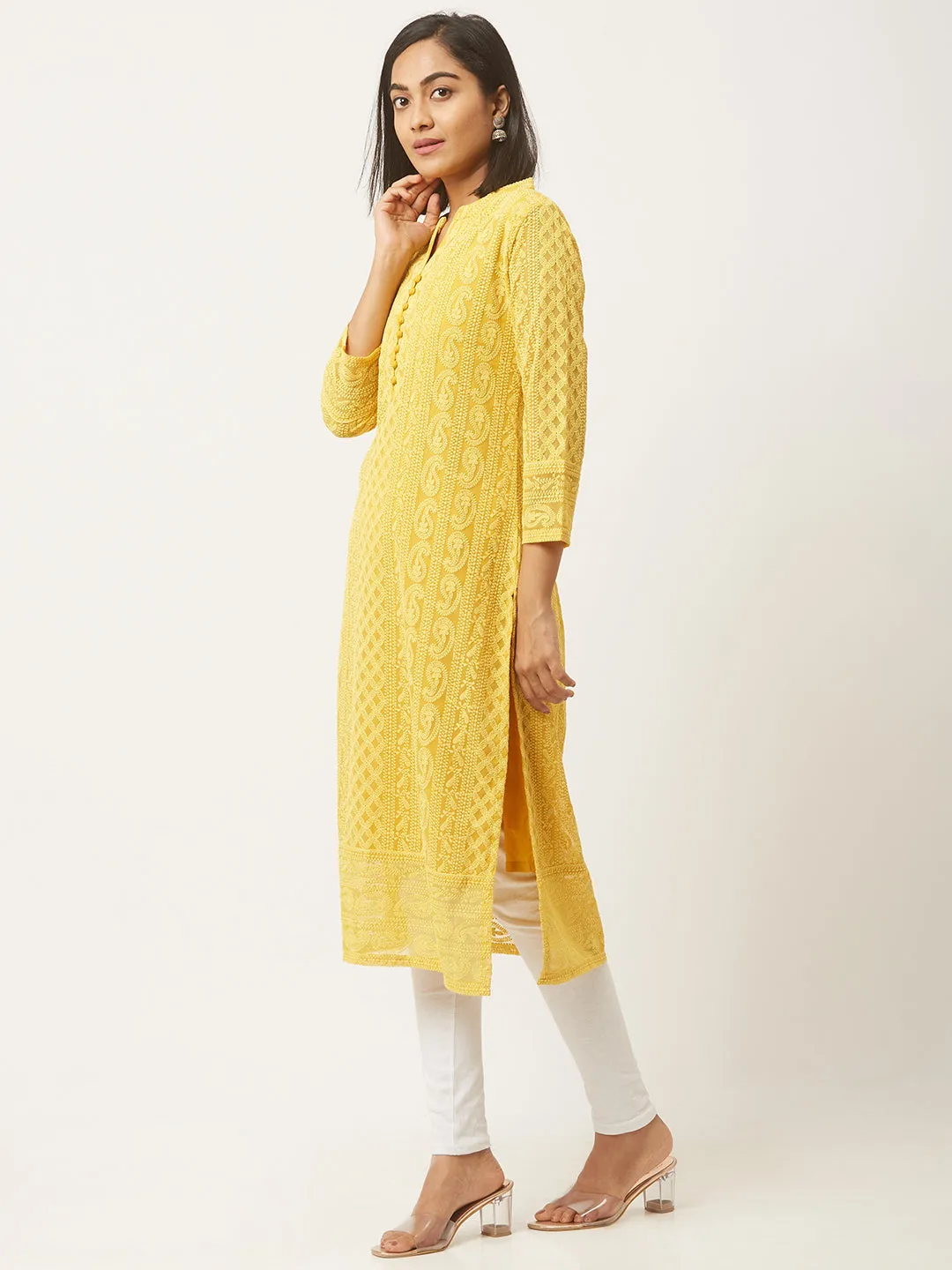 Yellow Chikankari Kurta - Paisley Embroidered Georgette Lucknowi Kurta For Women