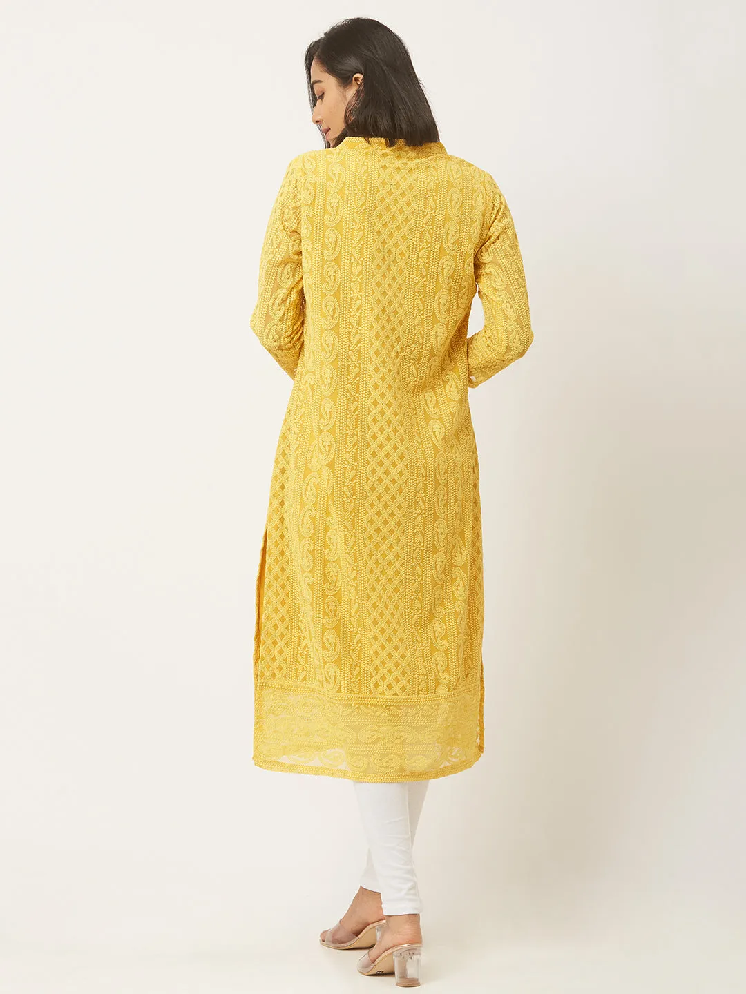 Yellow Chikankari Kurta - Paisley Embroidered Georgette Lucknowi Kurta For Women