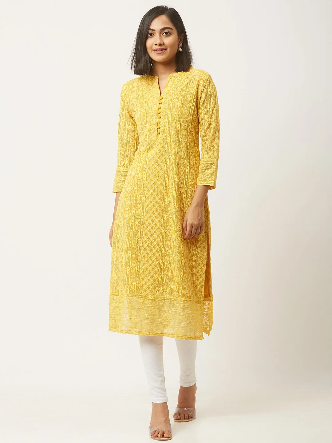 Yellow Chikankari Kurta - Paisley Embroidered Georgette Lucknowi Kurta For Women