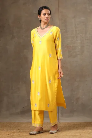 Yellow Color Hand Embroidered Chanderi Silk Kurta Set