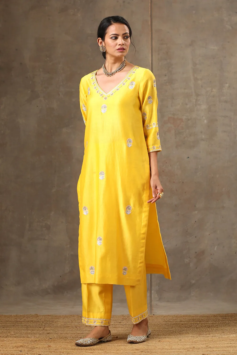 Yellow Color Hand Embroidered Chanderi Silk Kurta Set