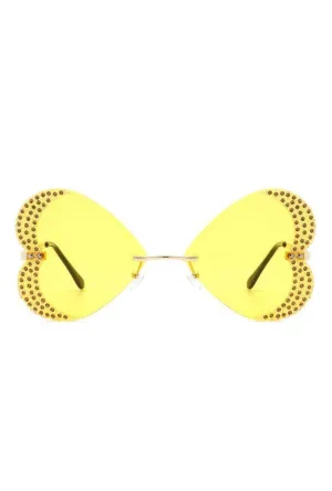 Yellow Diamanté Rimless Heart Glasses