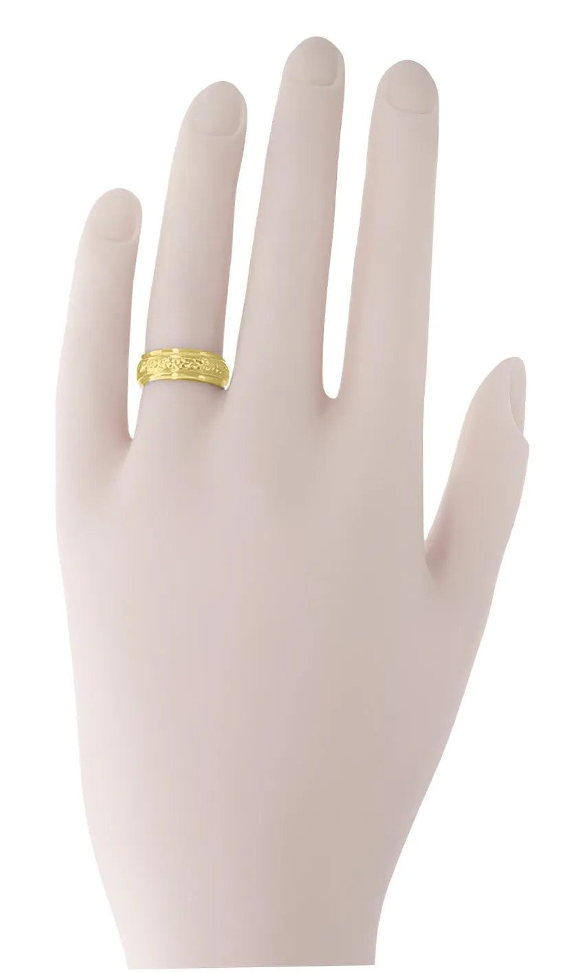 Yellow Gold Victorian Carved Leaves and Flowers 6mm Wide Wedding Ring