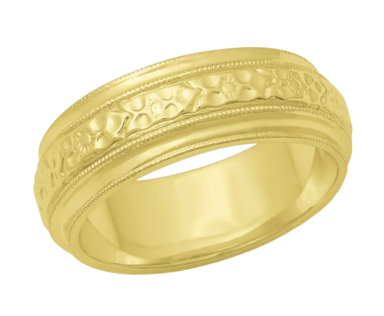 Yellow Gold Victorian Carved Leaves and Flowers 6mm Wide Wedding Ring