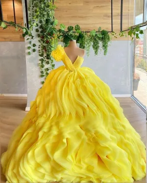 Yellow Quinceanera Dresses Ball Gown Organza Skirt Ruffles Puffy Strapless Bodice Beaded Sweet 16 Dresses 803101