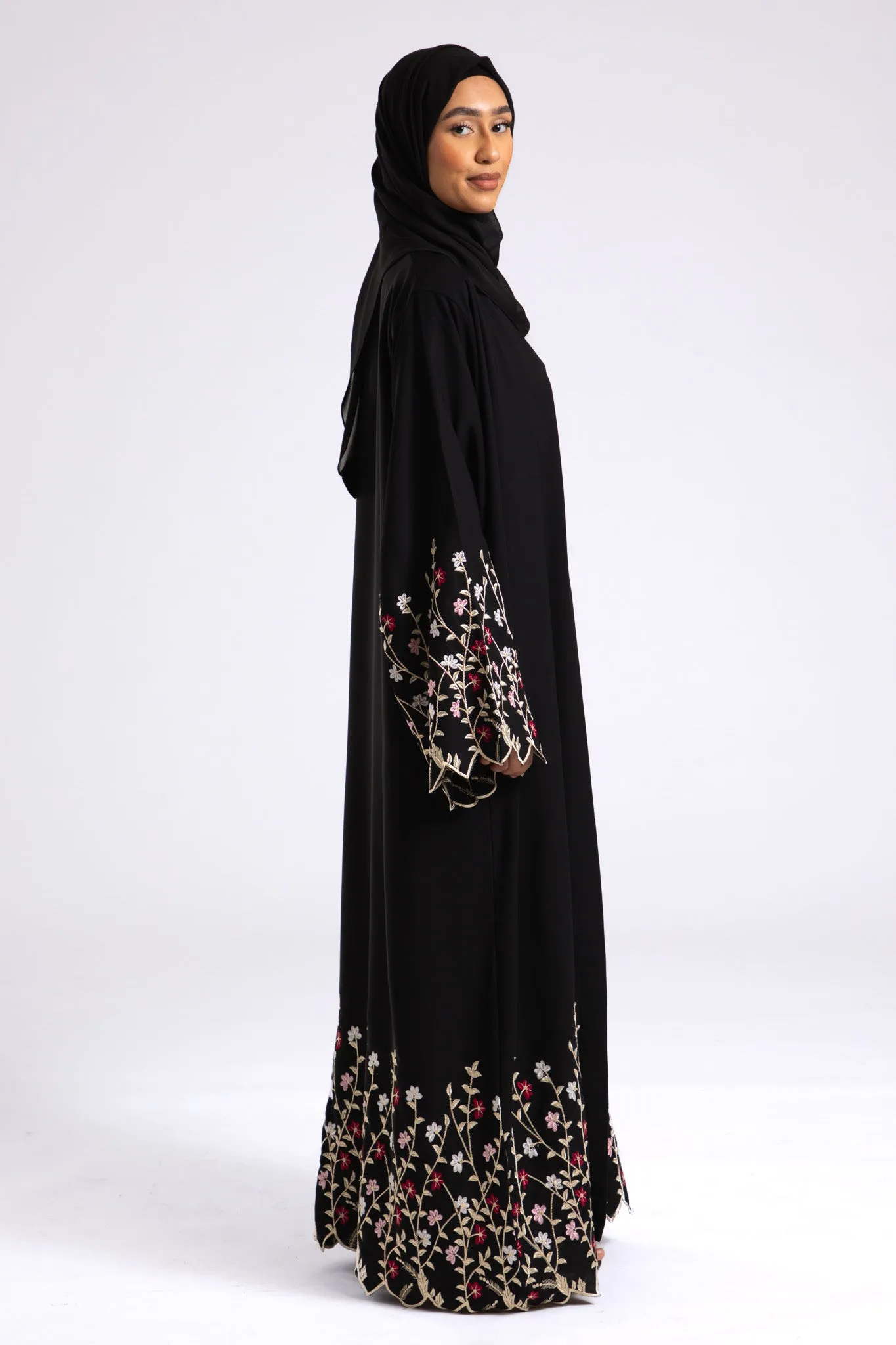 Zadina Blooming Flowers Embroidered Open Abaya