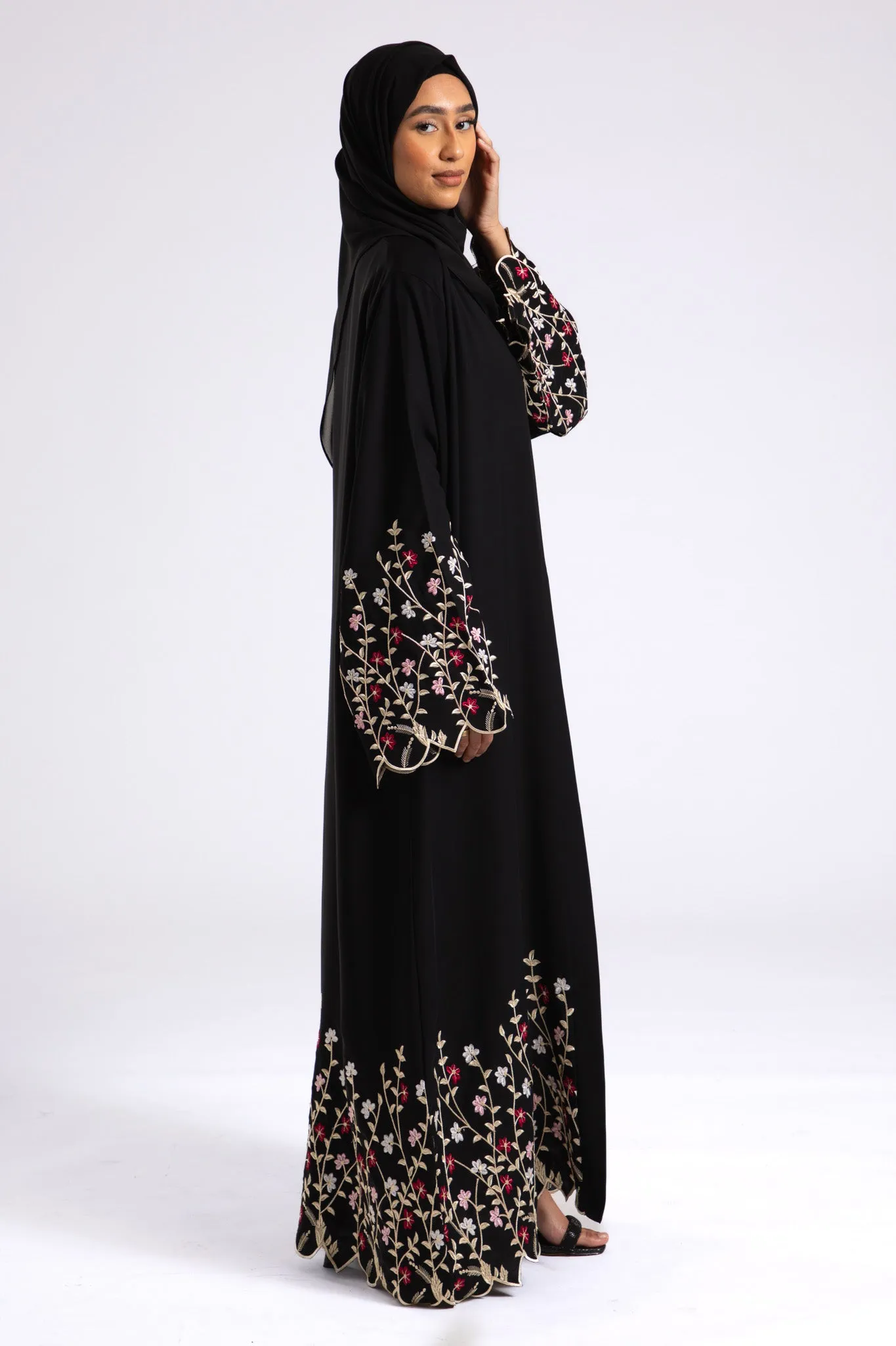 Zadina Blooming Flowers Embroidered Open Abaya
