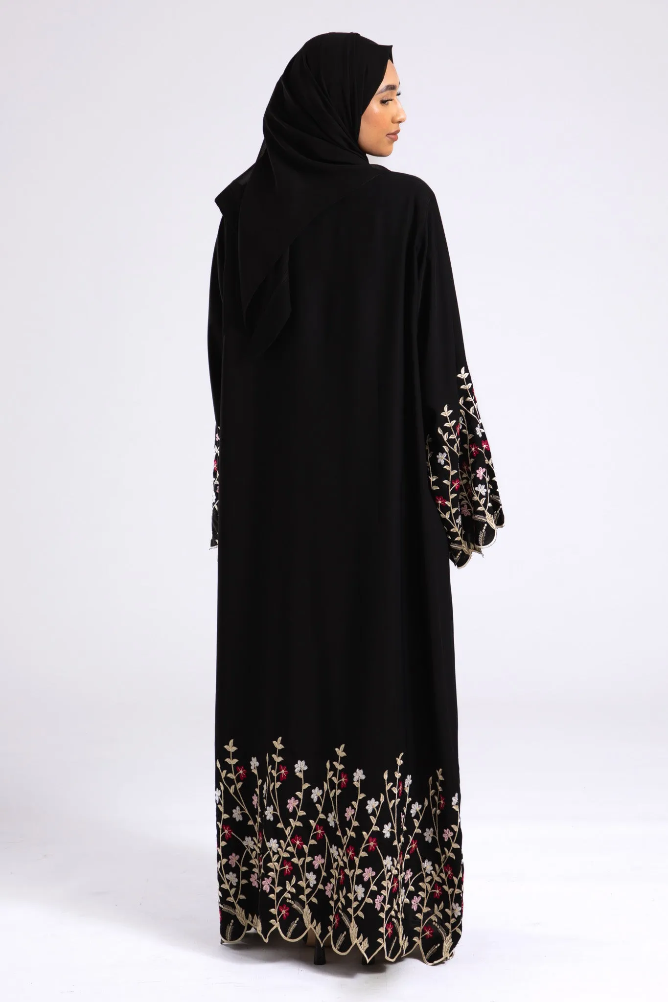 Zadina Blooming Flowers Embroidered Open Abaya