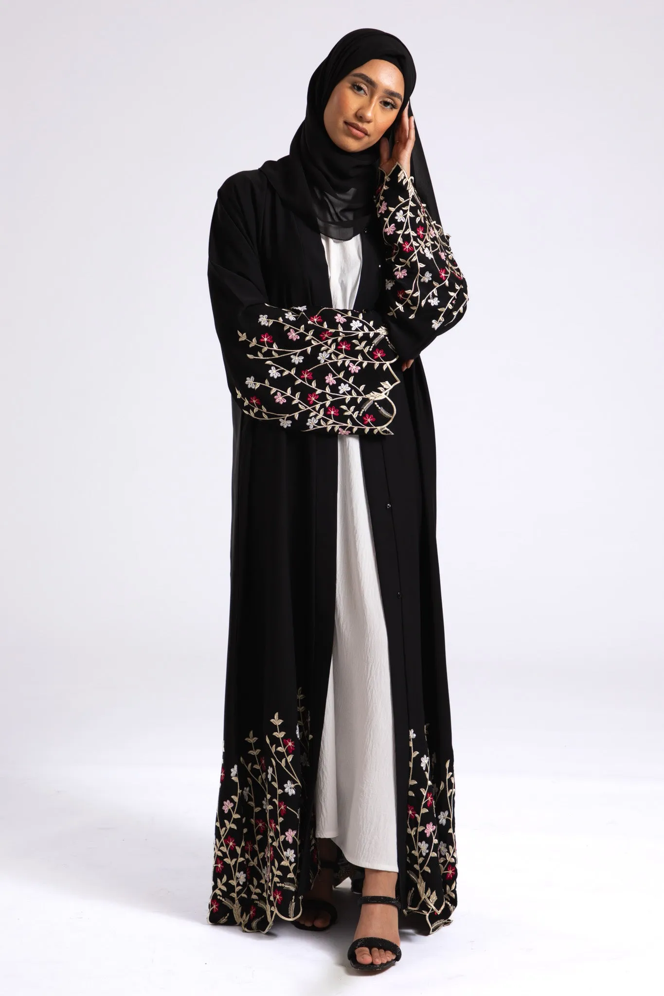 Zadina Blooming Flowers Embroidered Open Abaya